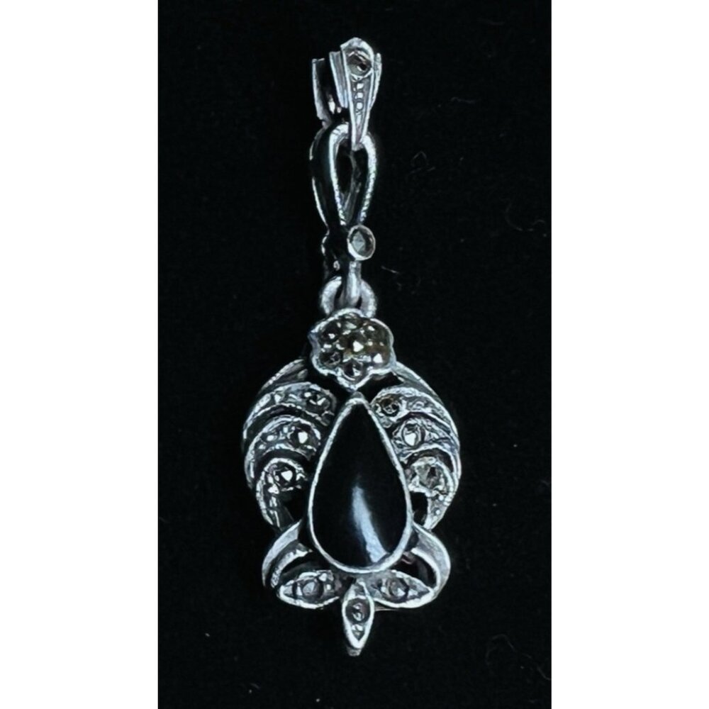 Vintage Sterling Silver Onyx Marcasite Fleur De Lis Pendant 1.5" Long
